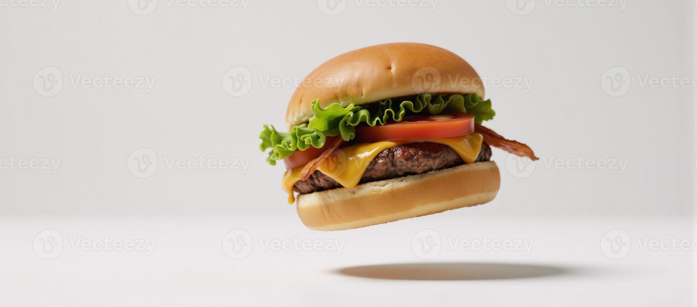 Flying cheeseburger filled with enticing toppings generated image style photo