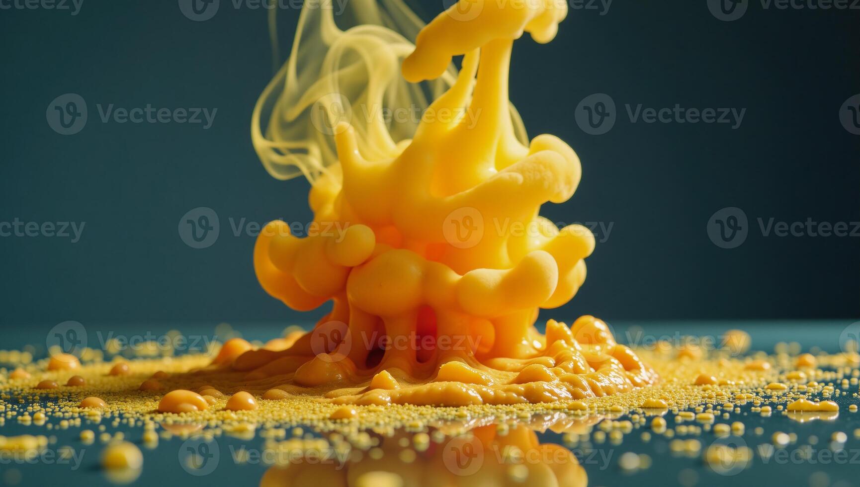 Abstract art with defocused smoke waves and paint droplets depicting yelloworange colored fumes splashing over a shimmery glitter texture background photo