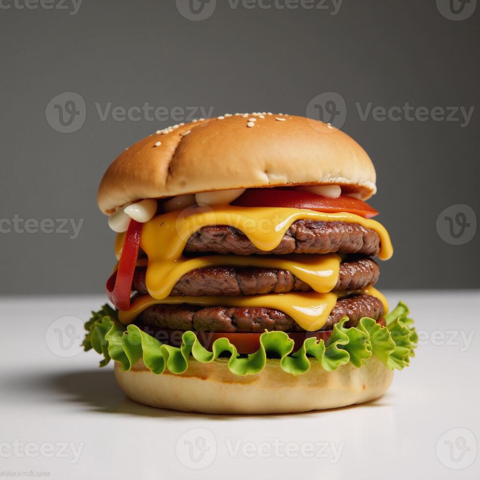 Savory cheeseburger with tantalizing melty cheese drizzle photo