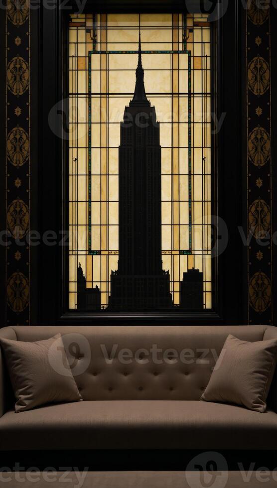 Art Decoinspired image featuring black geometric patterns on stained glass showcasing an iconic halfdrop view of the Empire State Building photo