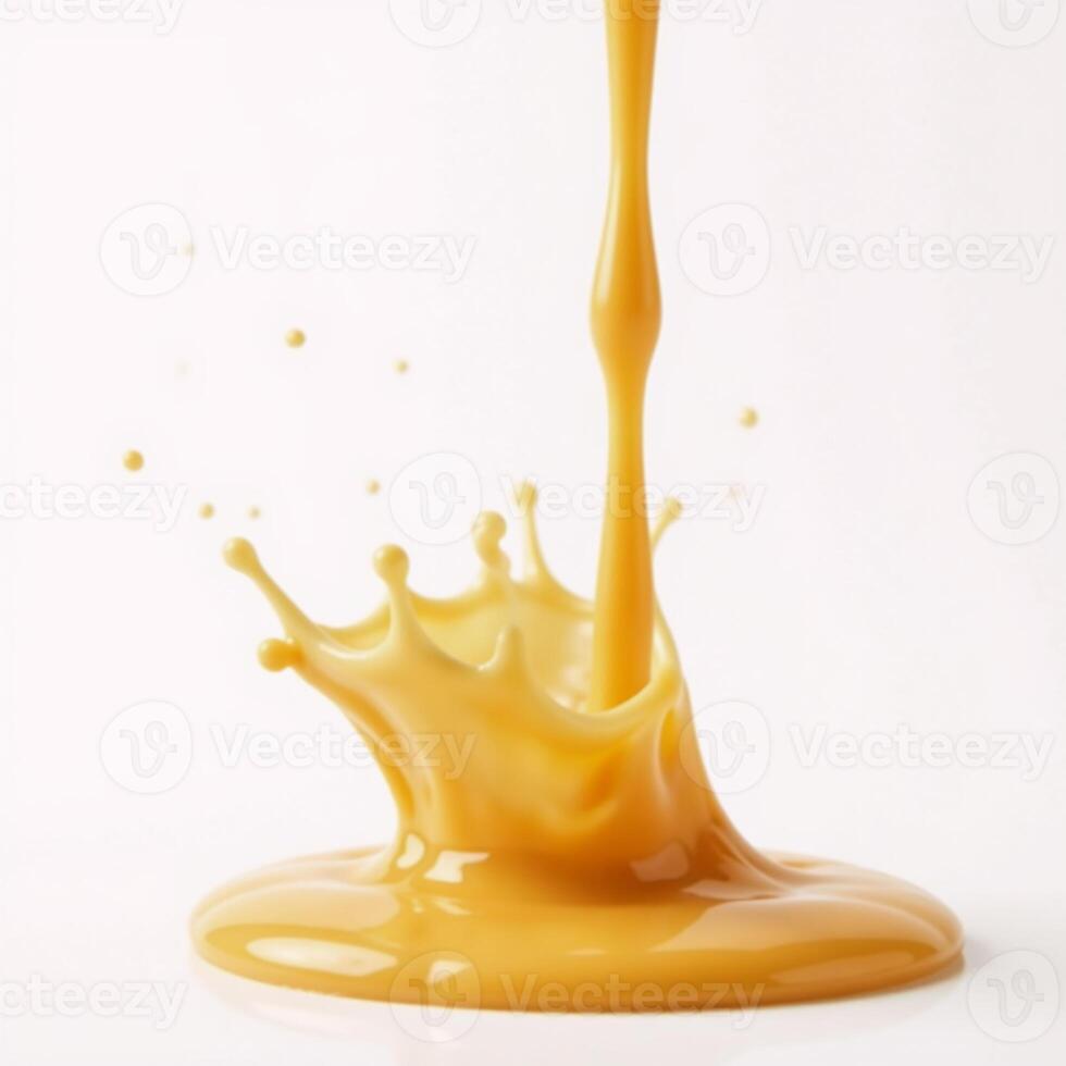 Cheesy dip sauce splash against white backdrop with transparency effect photo