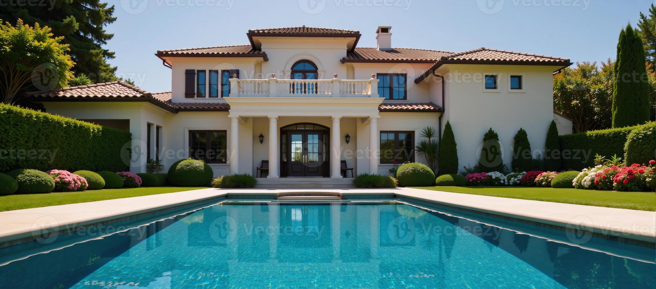 Magnificent twostory residence featuring an elegant swimming pool photo