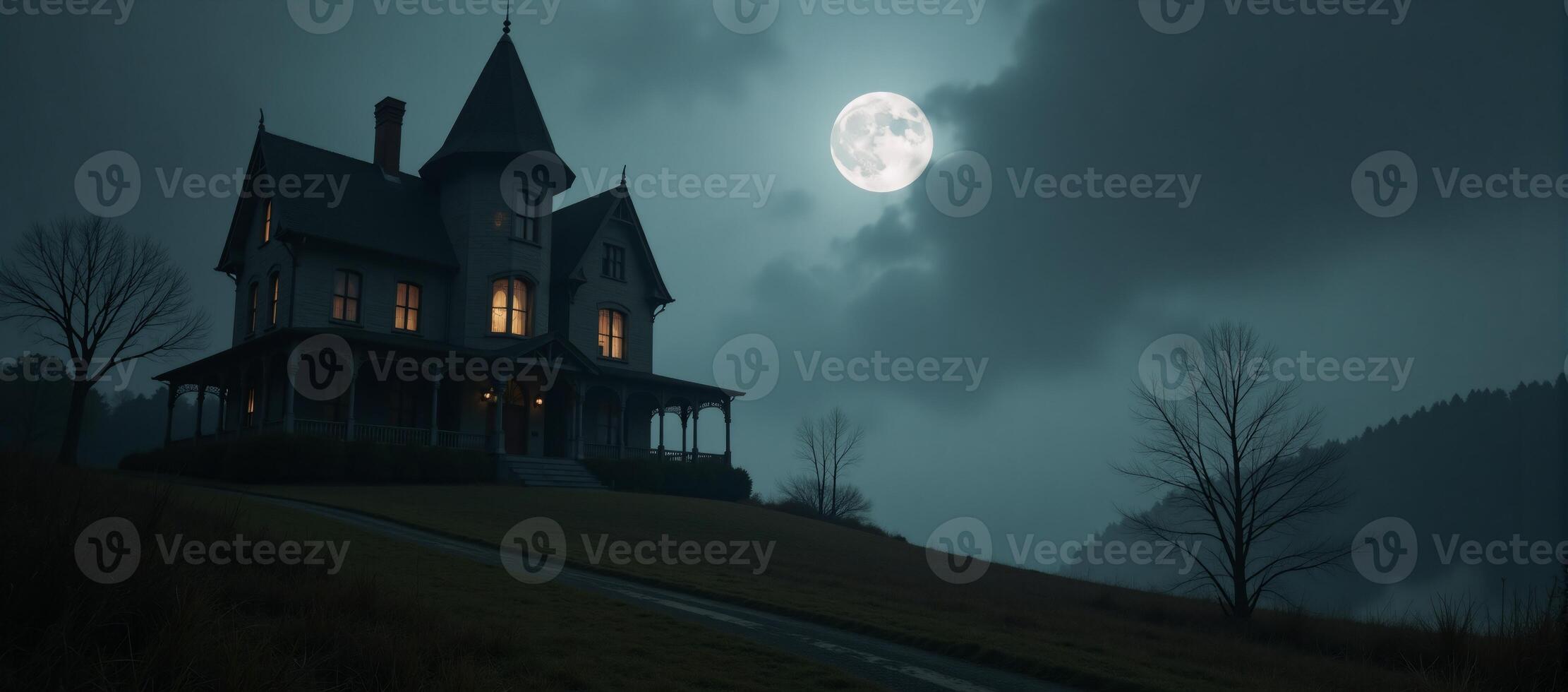 Spinechilling Halloween nightscape featuring an eerie atmosphere with thick rolling fog photo
