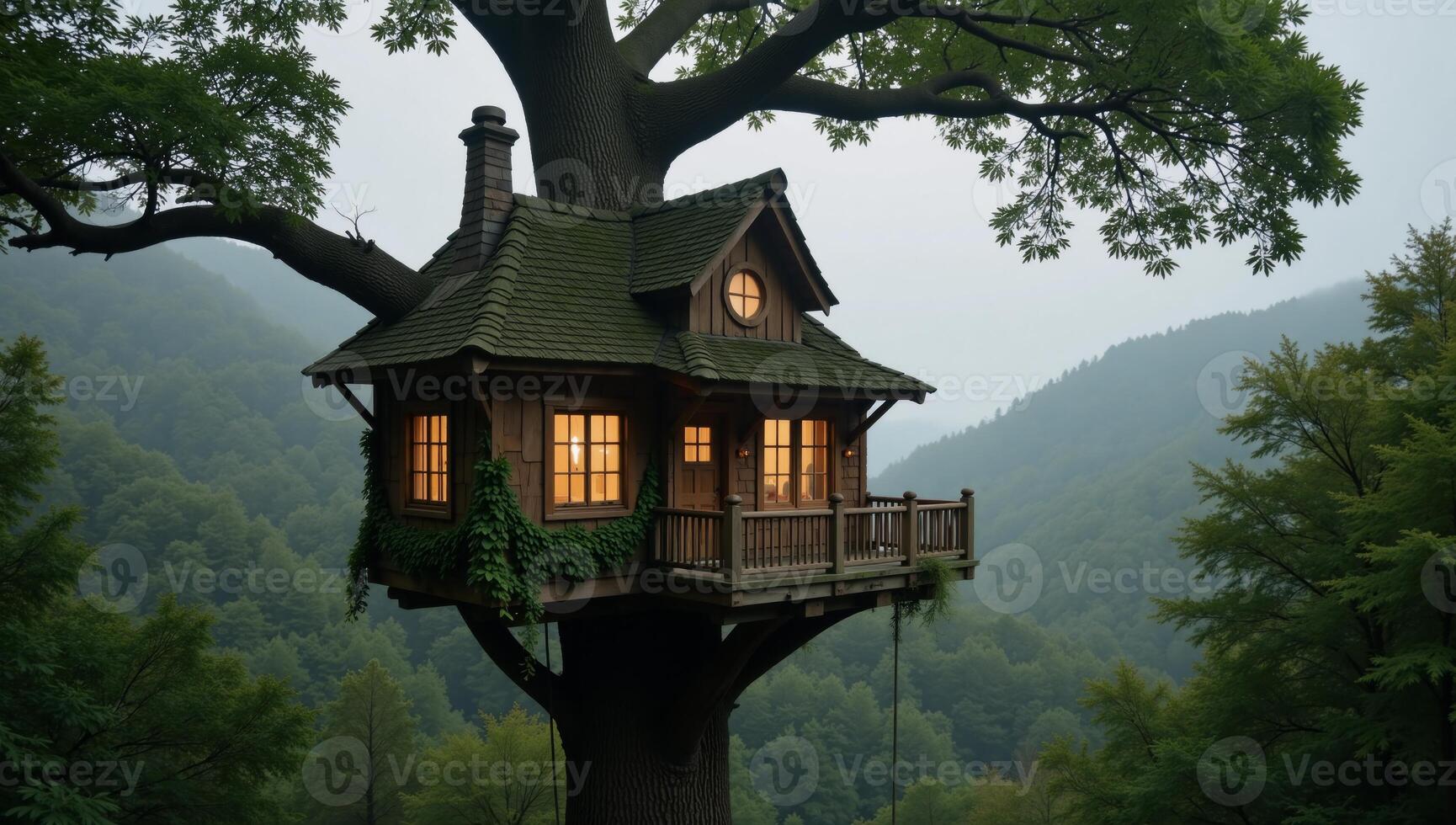 Treehousestyle dwelling with glowing windows amidst a lush foggy forest photo