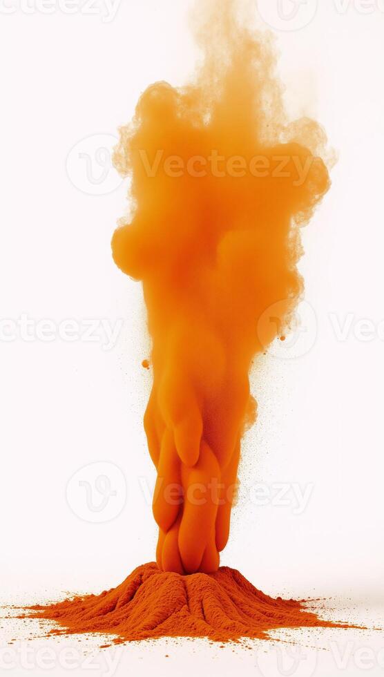 Bright orange colored powder festive explosion on a pure white background photo