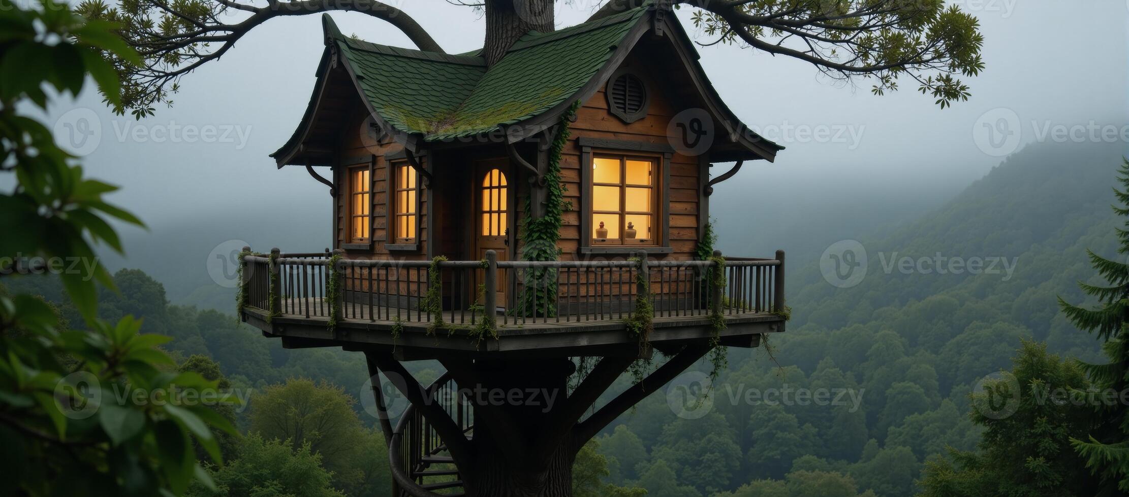 Treehousestyle dwelling with glowing windows amidst a lush foggy forest photo