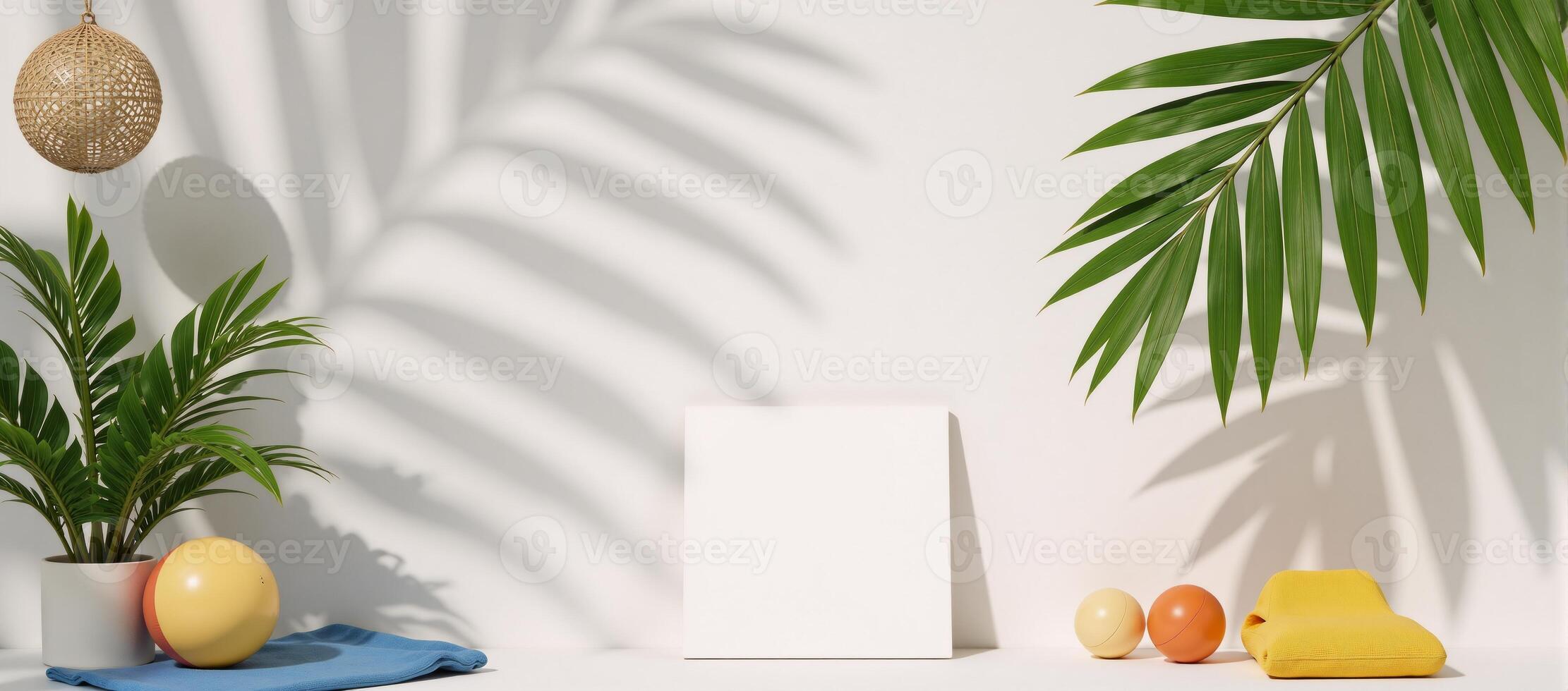 Realistic minimalist mockup showcases natural shadows from tropical coconut palms in a summery setting photo