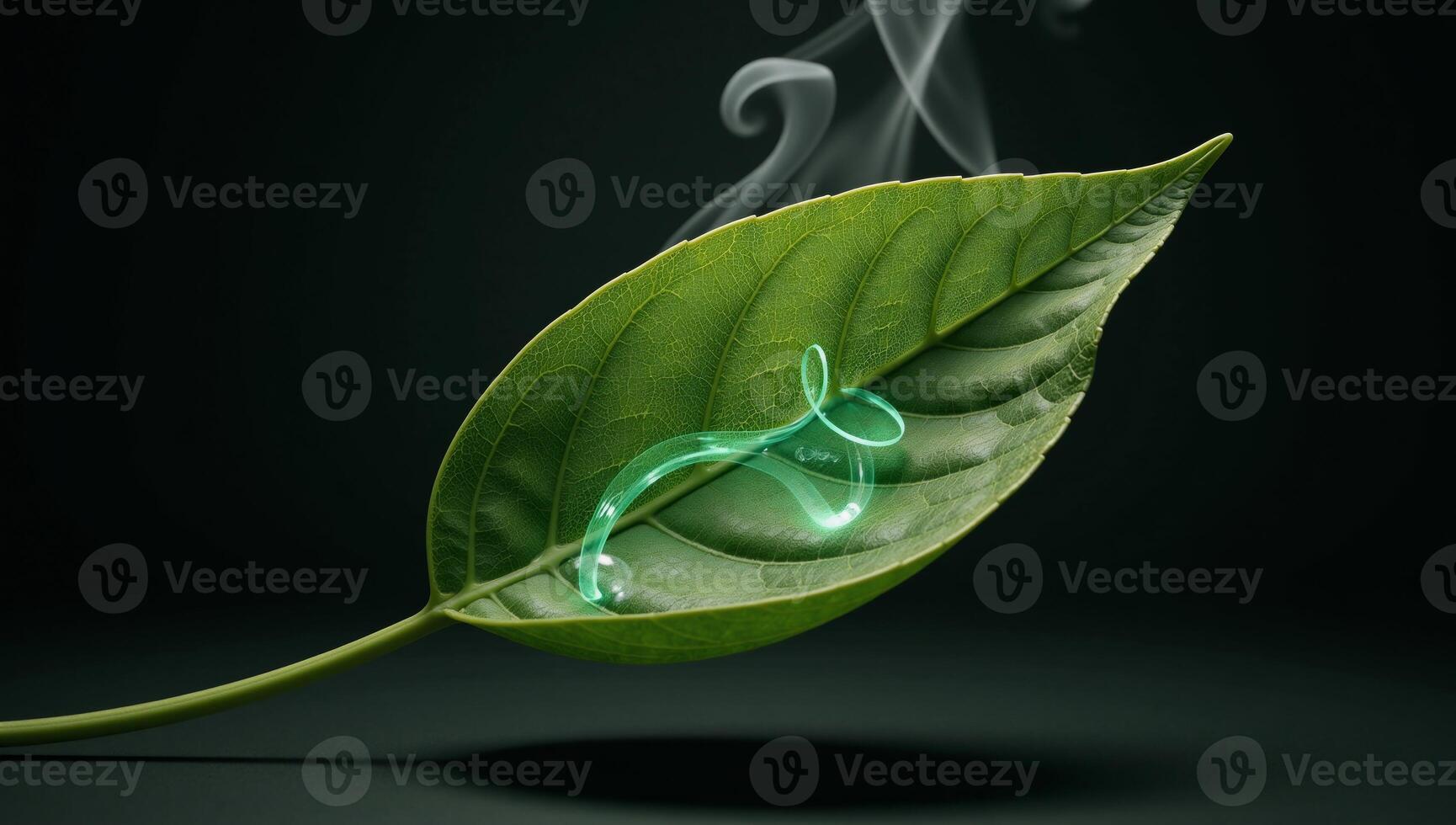Green leaf adorned with a gleaming techmesh 3D representation embodying technologys advancements in sustainable green energy emphasizing the importance of environmental protection through renewable photo