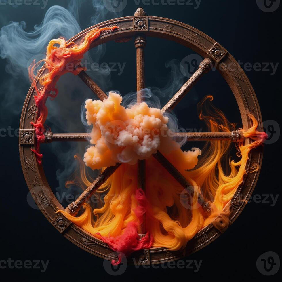 An abstract image featuring an occult wheel explosion smoke cloud with fiery orangered yellows swirling in a circular glow against a dark backdrop within a round ink and water frame photo
