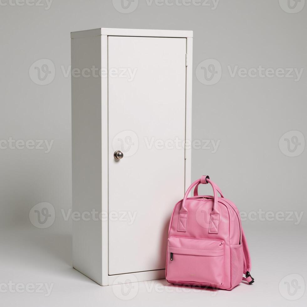 Locker and backpack placed side by side within a room setting photo