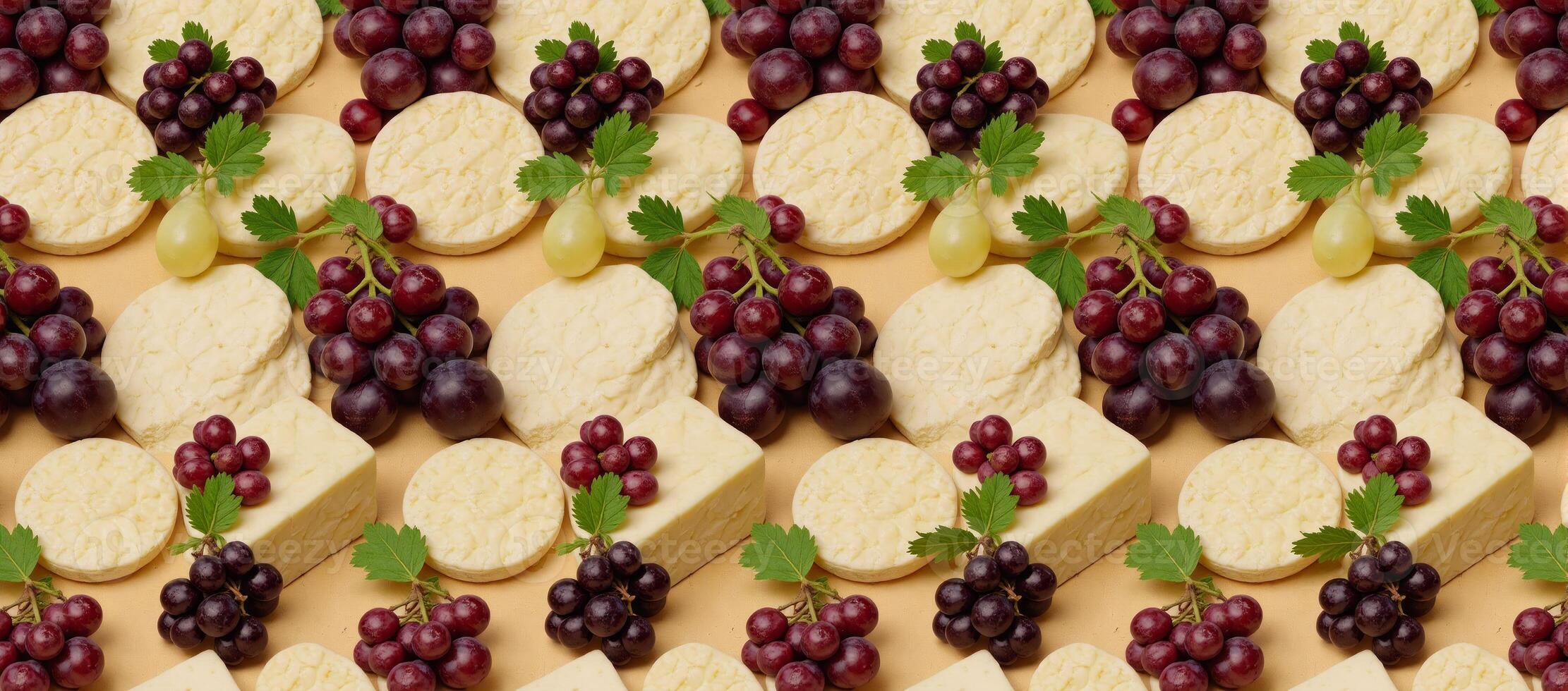 Elegant pattern featuring various gourmet cheeses and grapes arranged in a sophisticated repetition photo