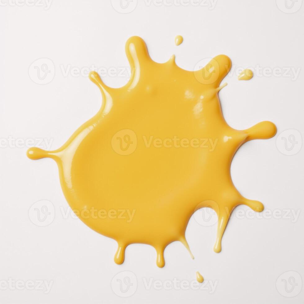 Isolated yellow cheese sauce splash against clean white backdrop photo