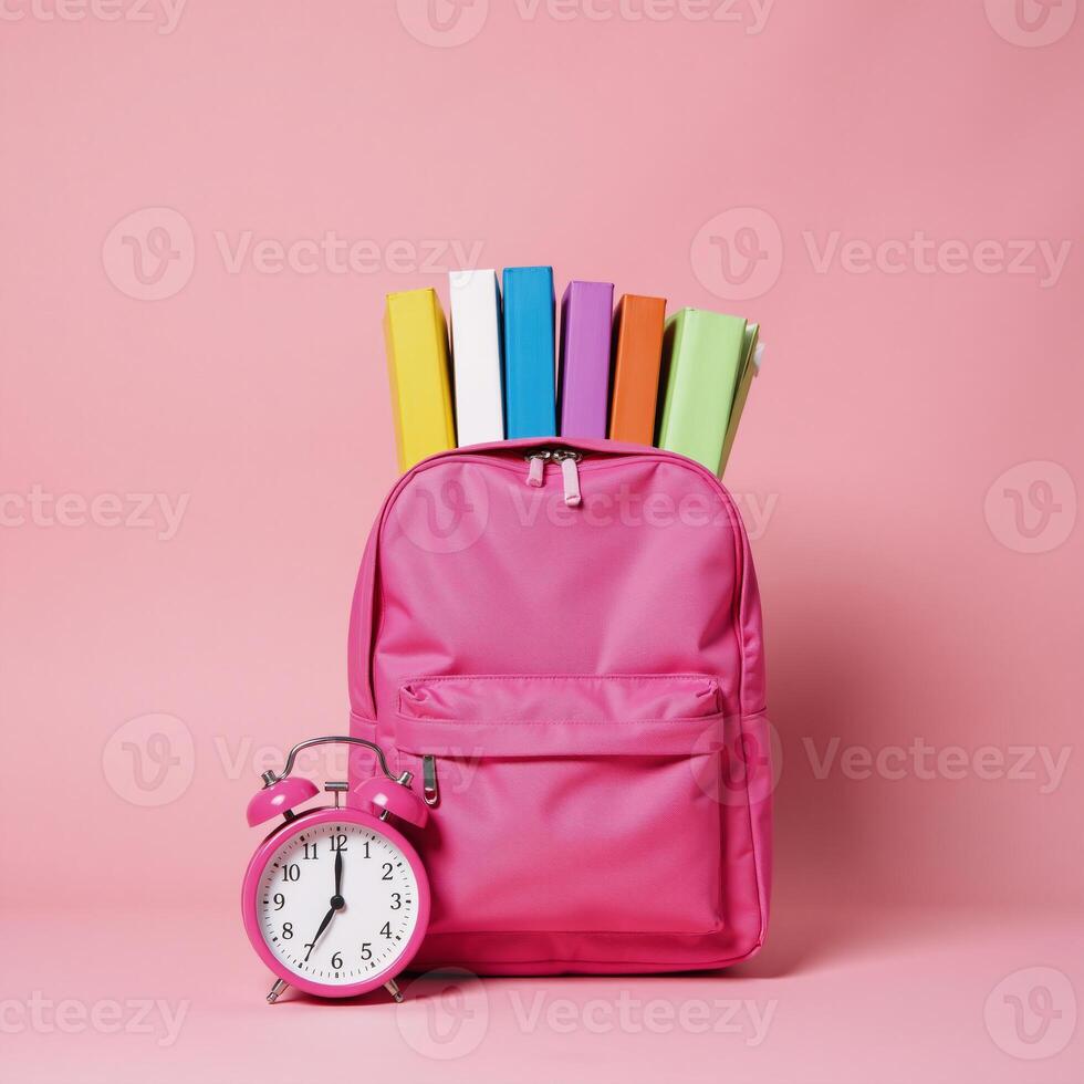 Pink school backpack filled with books and an alarm clock against a pink background symbolizing Back To School and academic preparation Learning photo