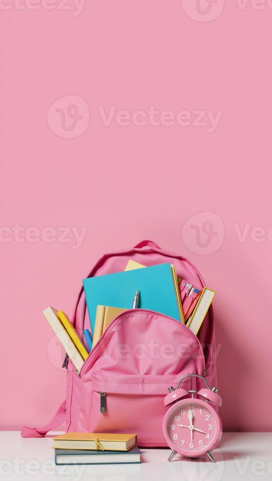 Pink school backpack filled with books and an alarm clock against a pink background symbolizing Back To School and academic preparation Learning photo