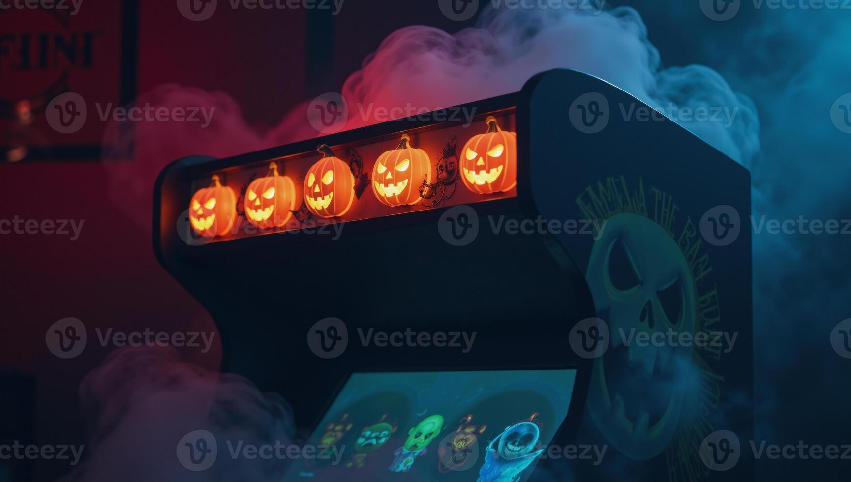 Spooky Halloweenthemed arcade game machine with glowing pumpkins and eerie fog ideal for festive decor photo
