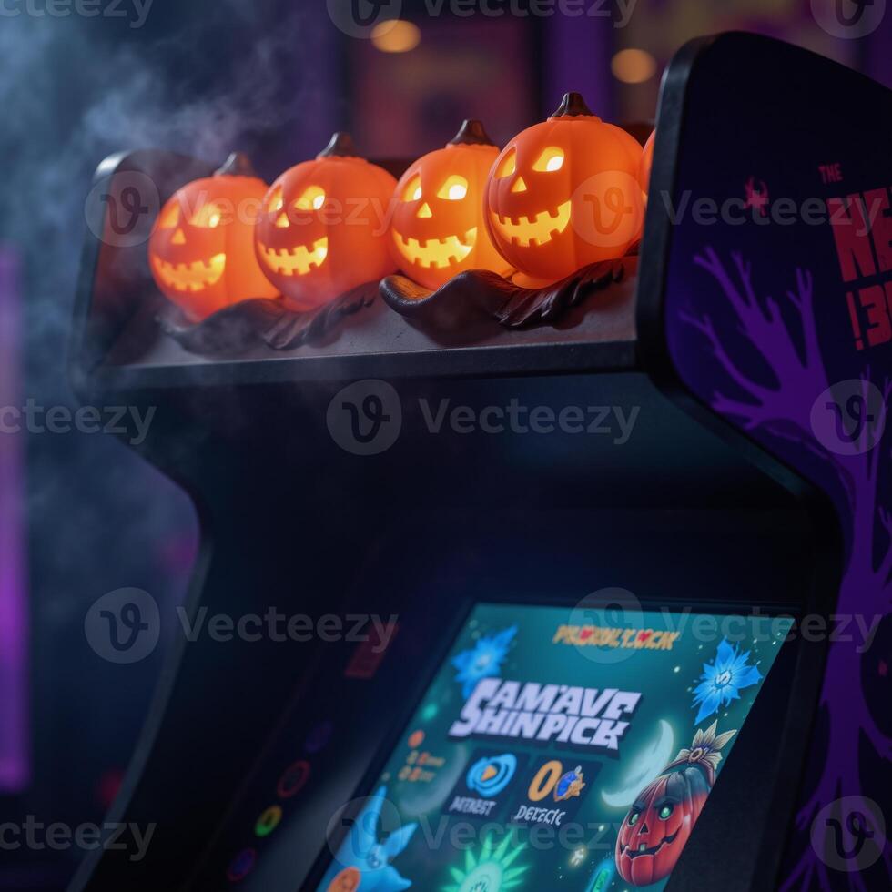 Spooky Halloweenthemed arcade game machine with glowing pumpkins and eerie fog ideal for festive decor photo