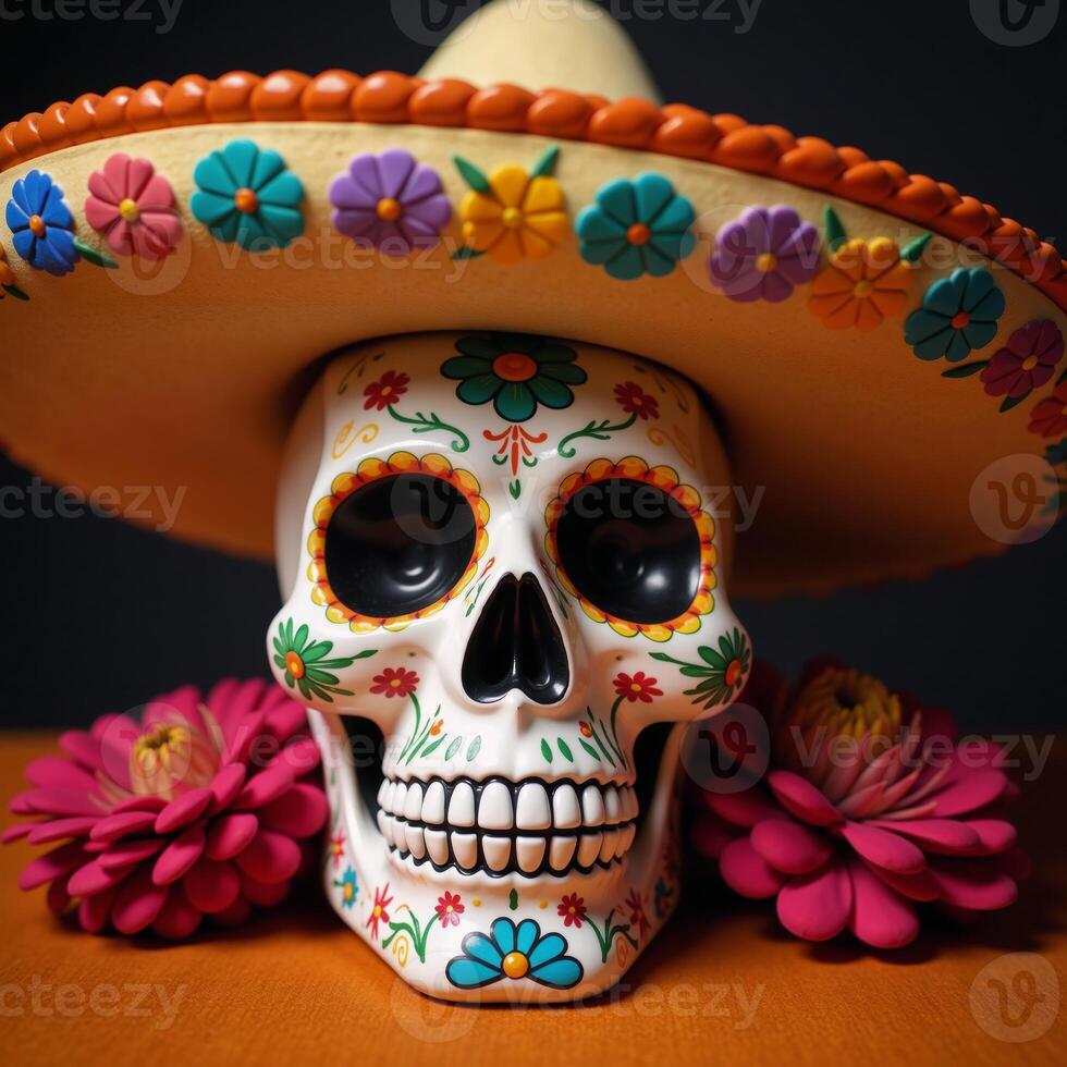 Colored patterned skull with sombrero adorned with marigolds Day of the Dead photo