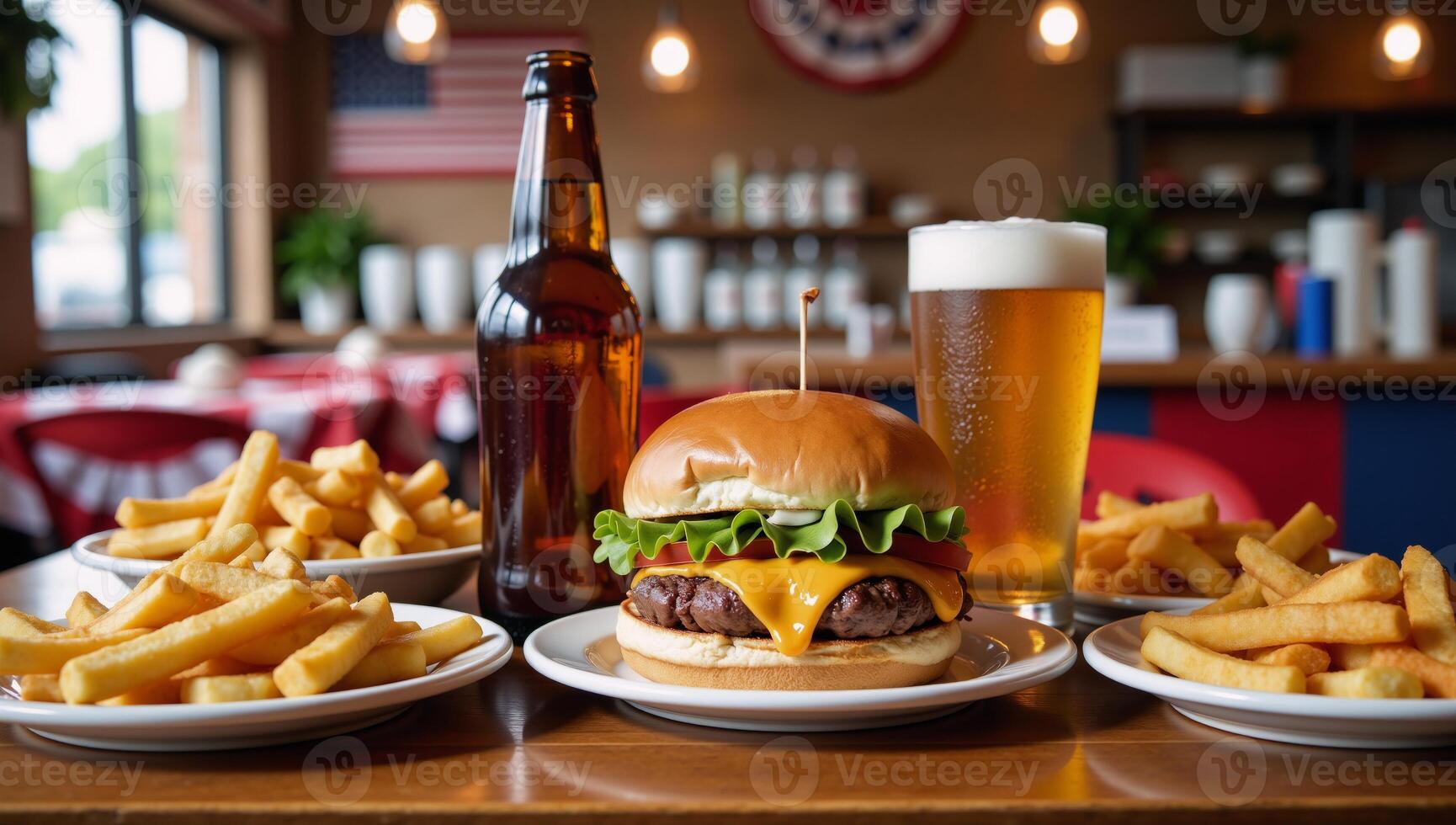 Fourth of July beer and burgers at an American eatery with patriotic decor photo