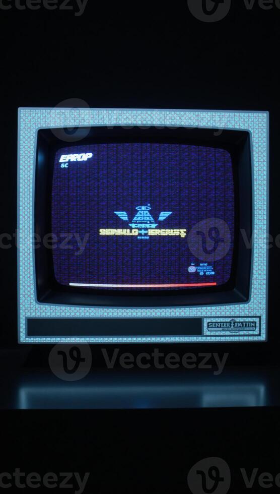 Glitched TV screen showcases pixelated background and distorted error broadcast complete with widespeed rewind effects photo