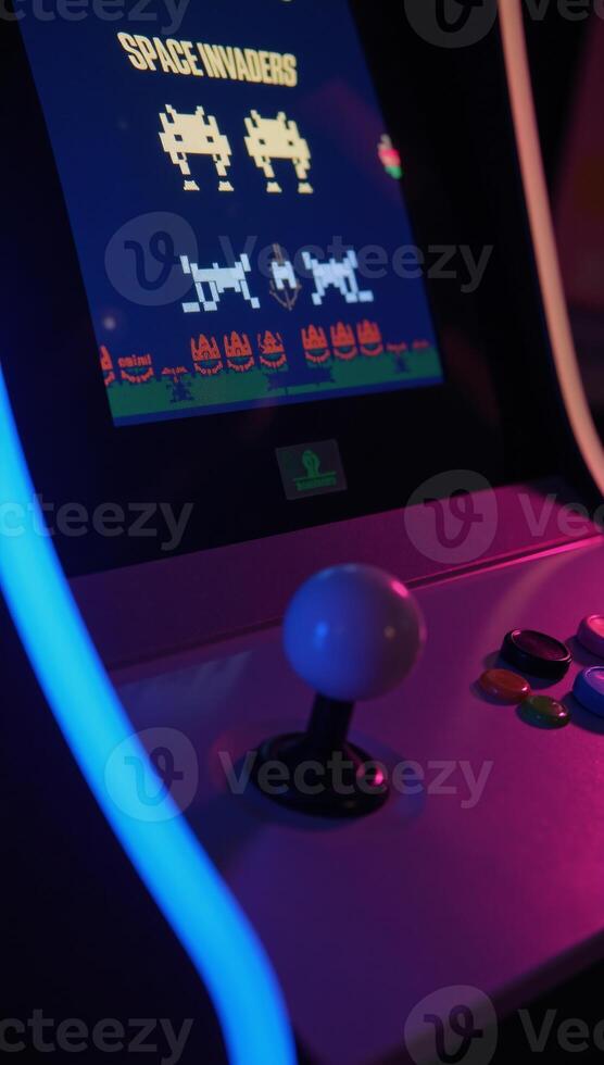 Nostalgic image of retro Arcade Cabinet with pixelated Space Invaders photo