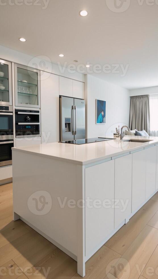 A digital depiction showcasing a sleek contemporary kitchen design within a modern residence photo