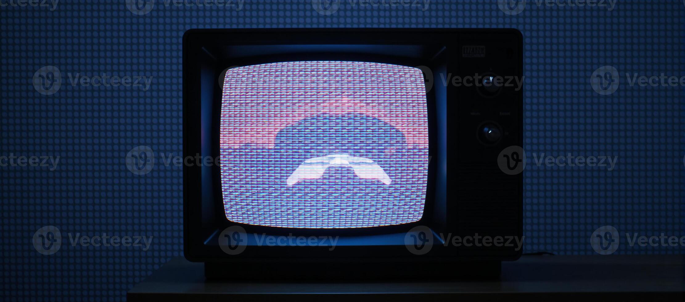 Glitched TV screen showcases pixelated background and distorted error broadcast complete with widespeed rewind effects photo
