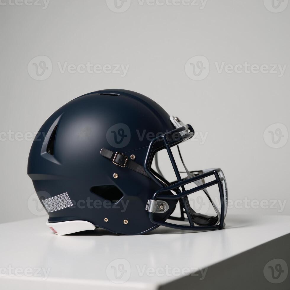 Minimalistic stock photo Closeup of a football helmet on a bench featuring simplified forms and contrasting colors leaving ample room for text insertion