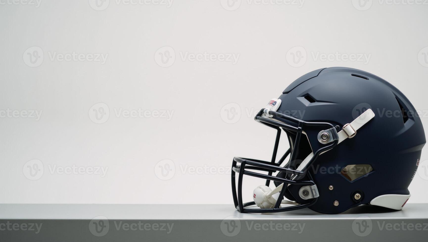 Minimalistic stock photo Closeup of a football helmet on a bench featuring simplified forms and contrasting colors leaving ample room for text insertion