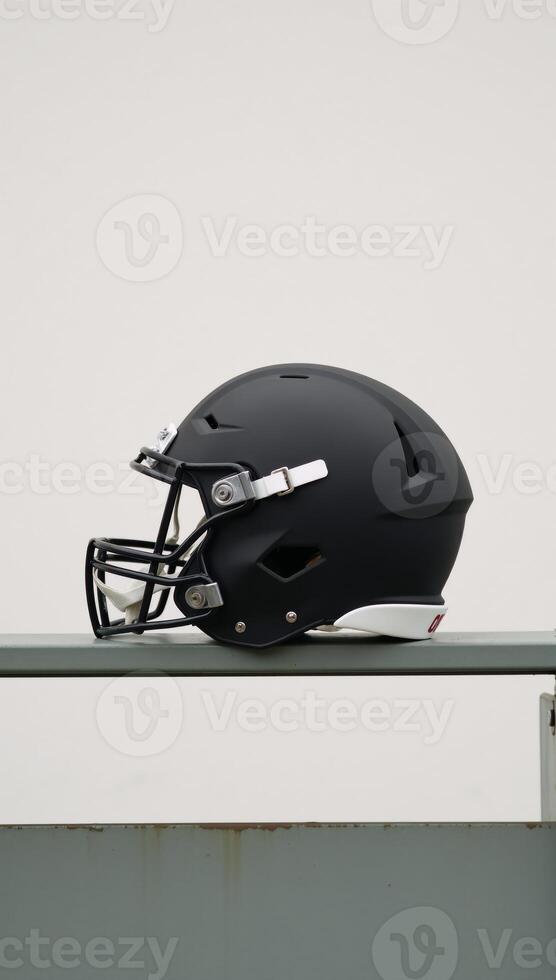 Minimalistic stock photo Closeup of a football helmet on a bench featuring simplified forms and contrasting colors leaving ample room for text insertion