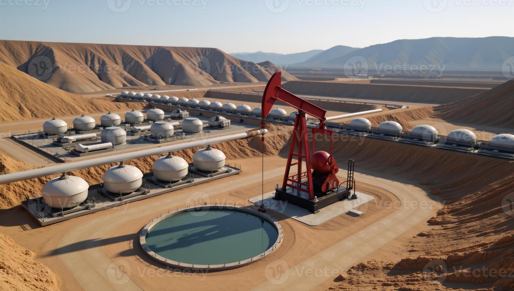 3D depiction showcasing a landscape of the petroleum industry featuring an oil pump by a pipeline near a bpvc reservoir and illustrating various aspects of petrochemical production photo