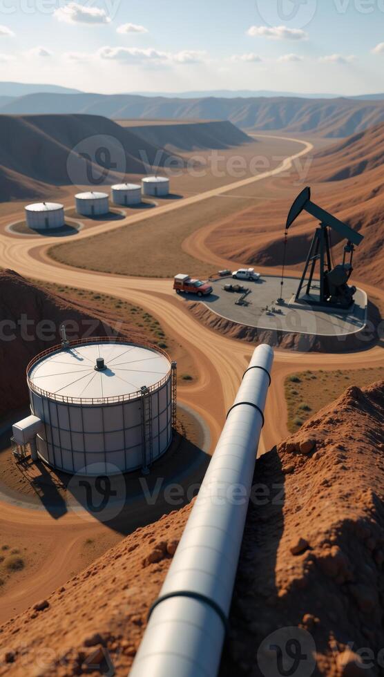 3D depiction showcasing a landscape of the petroleum industry featuring an oil pump by a pipeline near a bpvc reservoir and illustrating various aspects of petrochemical production photo
