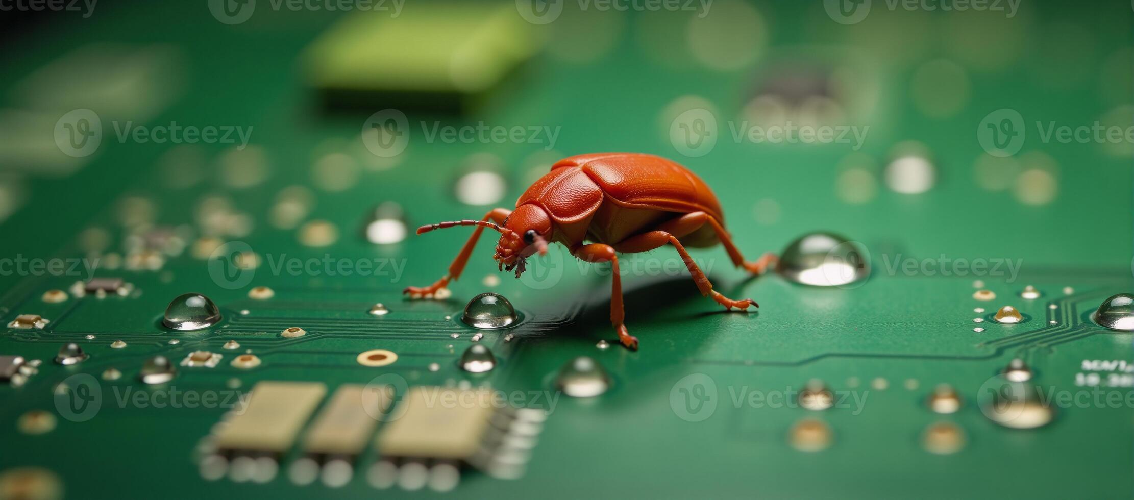 A closeup of a red insect perched atop a green electronic circuit board against a backdrop of lush greenery with water droplets and bokeh effects a stylized stock image photo
