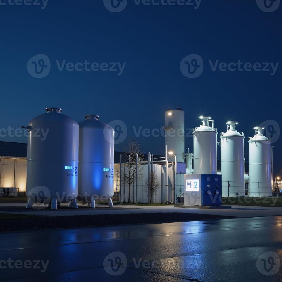 A 3D image showcases an innovative alternative energy plant highlighting a hydrogen factory at night complete with the H2 logo and highpressure tanks as well as advanced BPVC technology for hydrogen photo