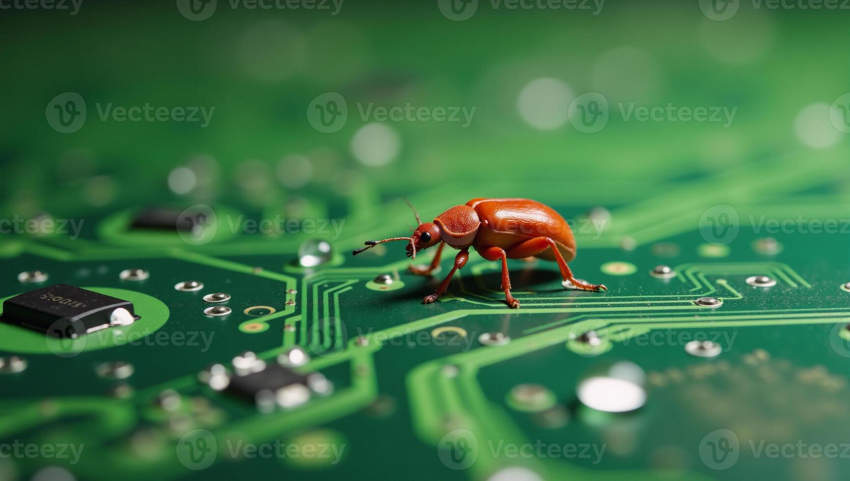A closeup of a red insect perched atop a green electronic circuit board against a backdrop of lush greenery with water droplets and bokeh effects a stylized stock image photo