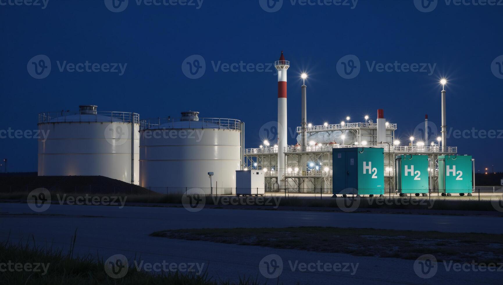 A 3D image showcases an innovative alternative energy plant highlighting a hydrogen factory at night complete with the H2 logo and highpressure tanks as well as advanced BPVC technology for hydrogen photo
