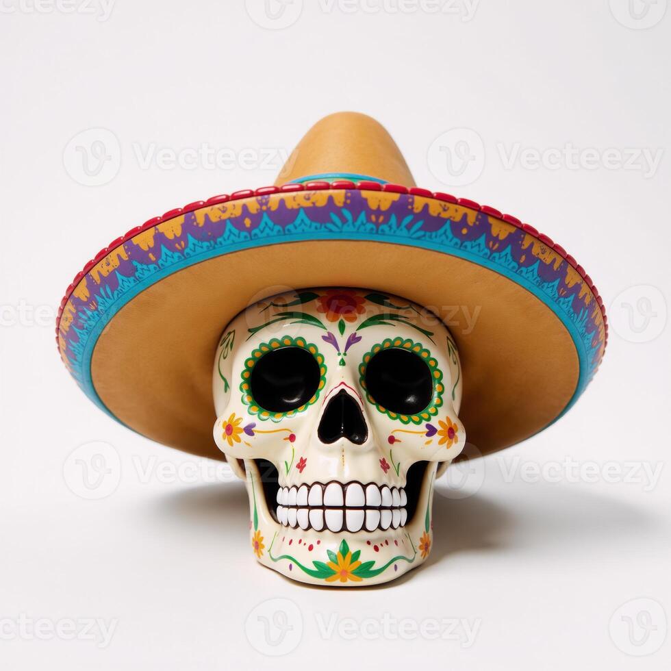 Isolated Mexican Skull Wearing Sombrero Hat on White Background Illustration photo