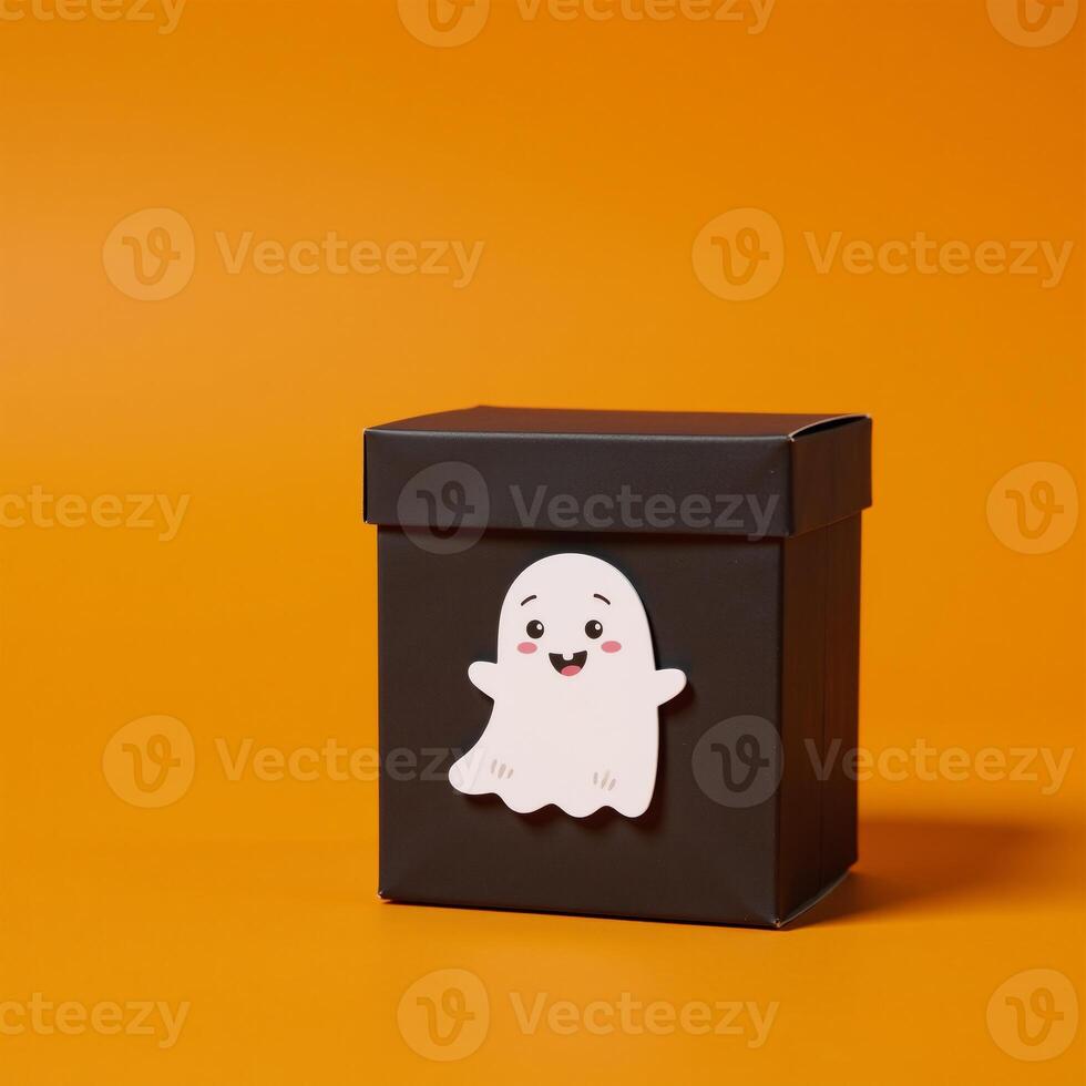 Cartoon ghost on an orangehued gift box for a cheerful Halloween theme photo