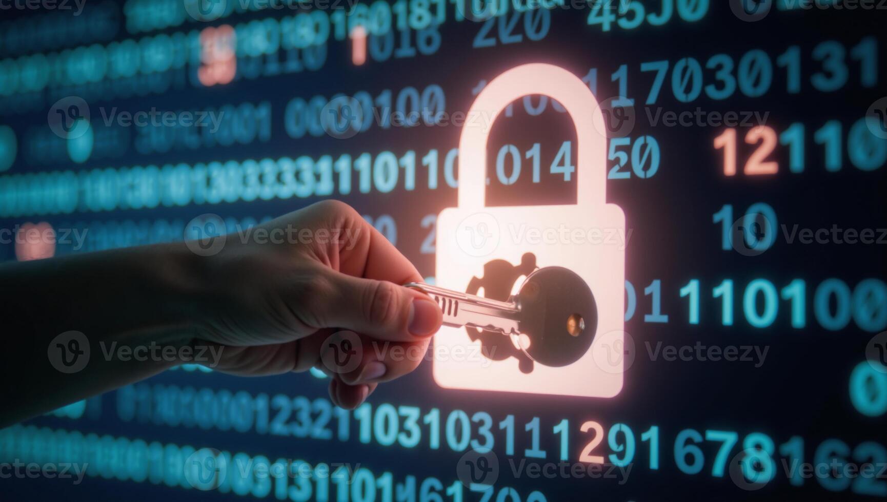 Digital key unlocks padlock on a virtual screen symbolizing cybersecurity and data protection against a backdrop of blurred binary code photo