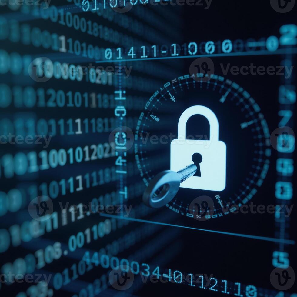 Digital key unlocks padlock on a virtual screen symbolizing cybersecurity and data protection against a backdrop of blurred binary code photo