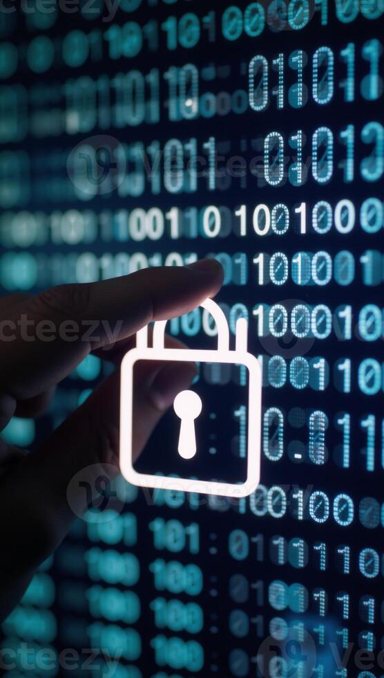 Digital key unlocks padlock on a virtual screen symbolizing cybersecurity and data protection against a backdrop of blurred binary code photo