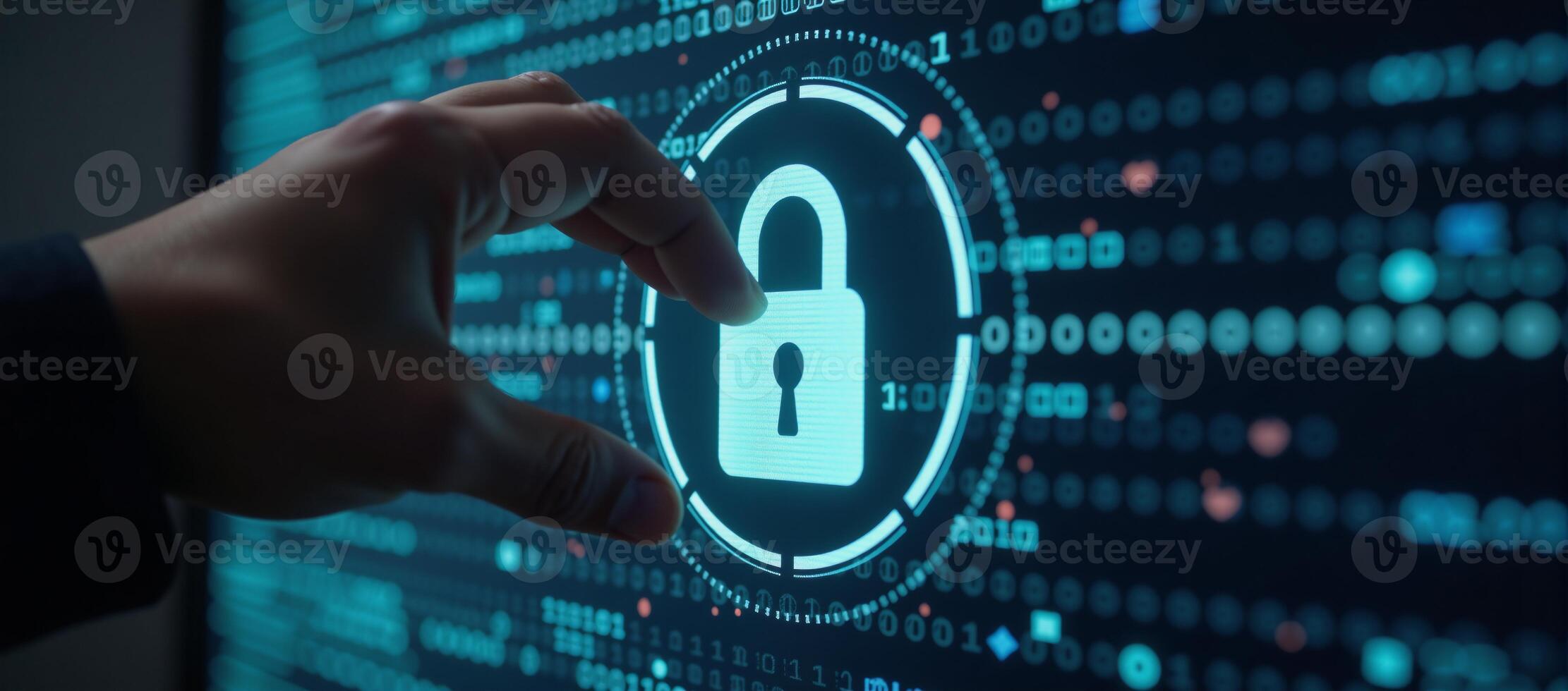 Digital key unlocks padlock on a virtual screen symbolizing cybersecurity and data protection against a backdrop of blurred binary code photo