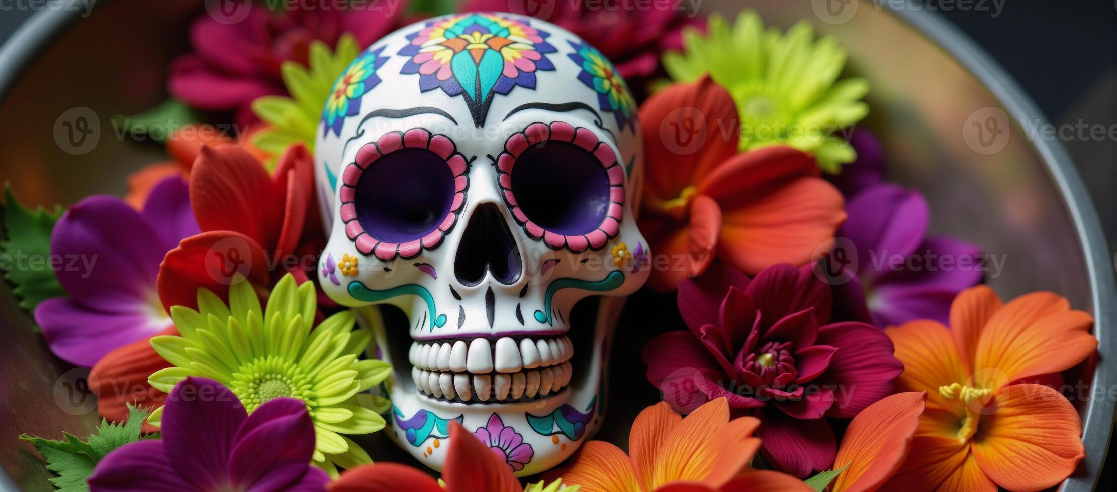 Flowerthemed sugar skull with a round shape photo