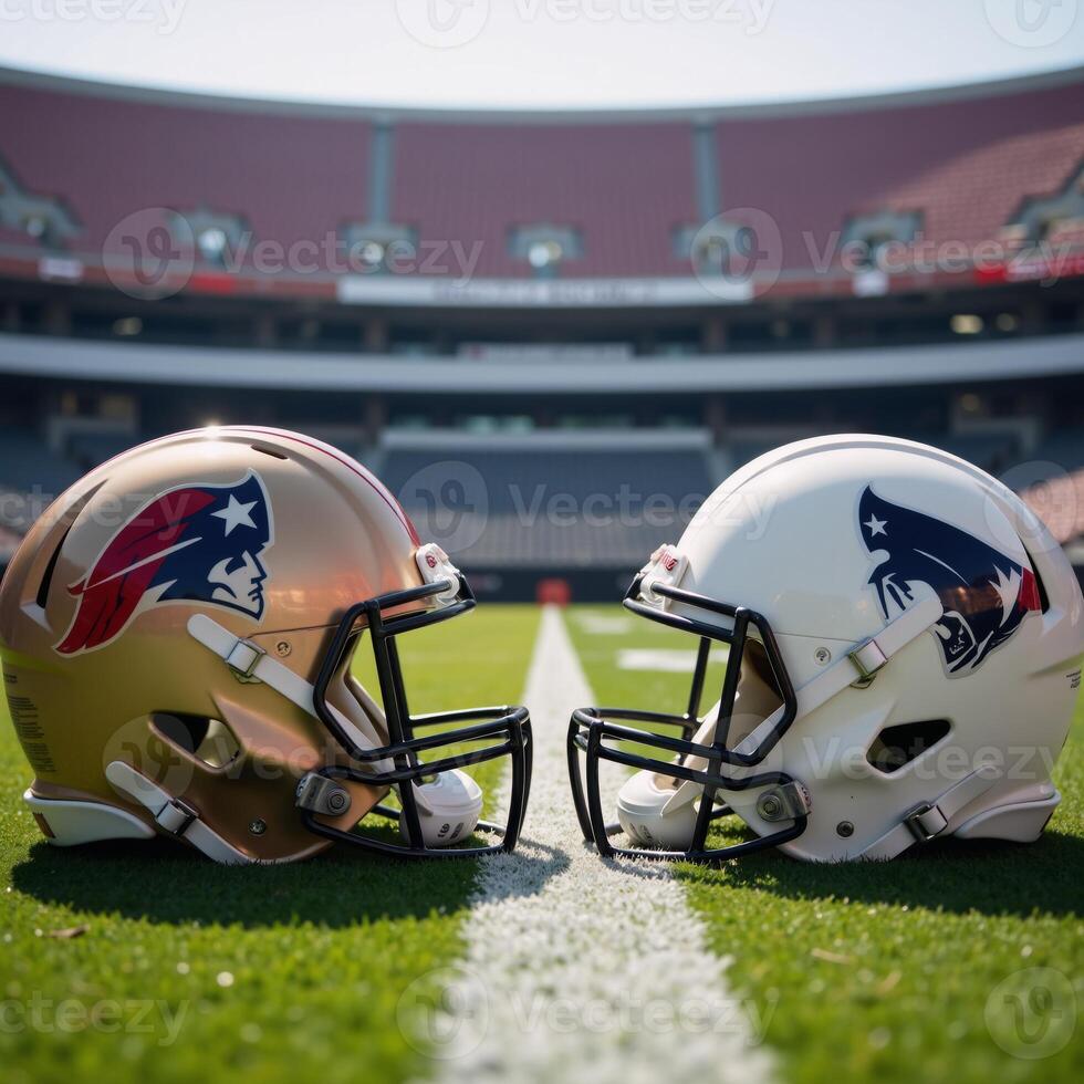 Two American Football Helmets facing off against one another atop a gridiron within a Stadium setting photo