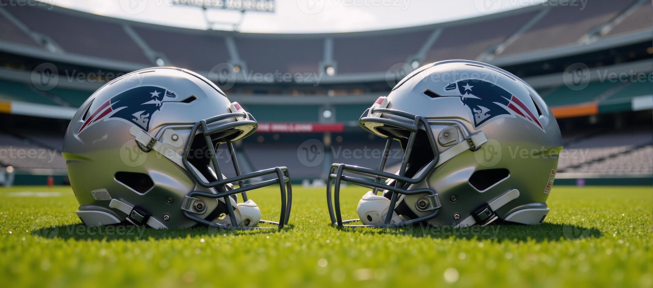 Two American Football Helmets facing off against one another atop a gridiron within a Stadium setting photo