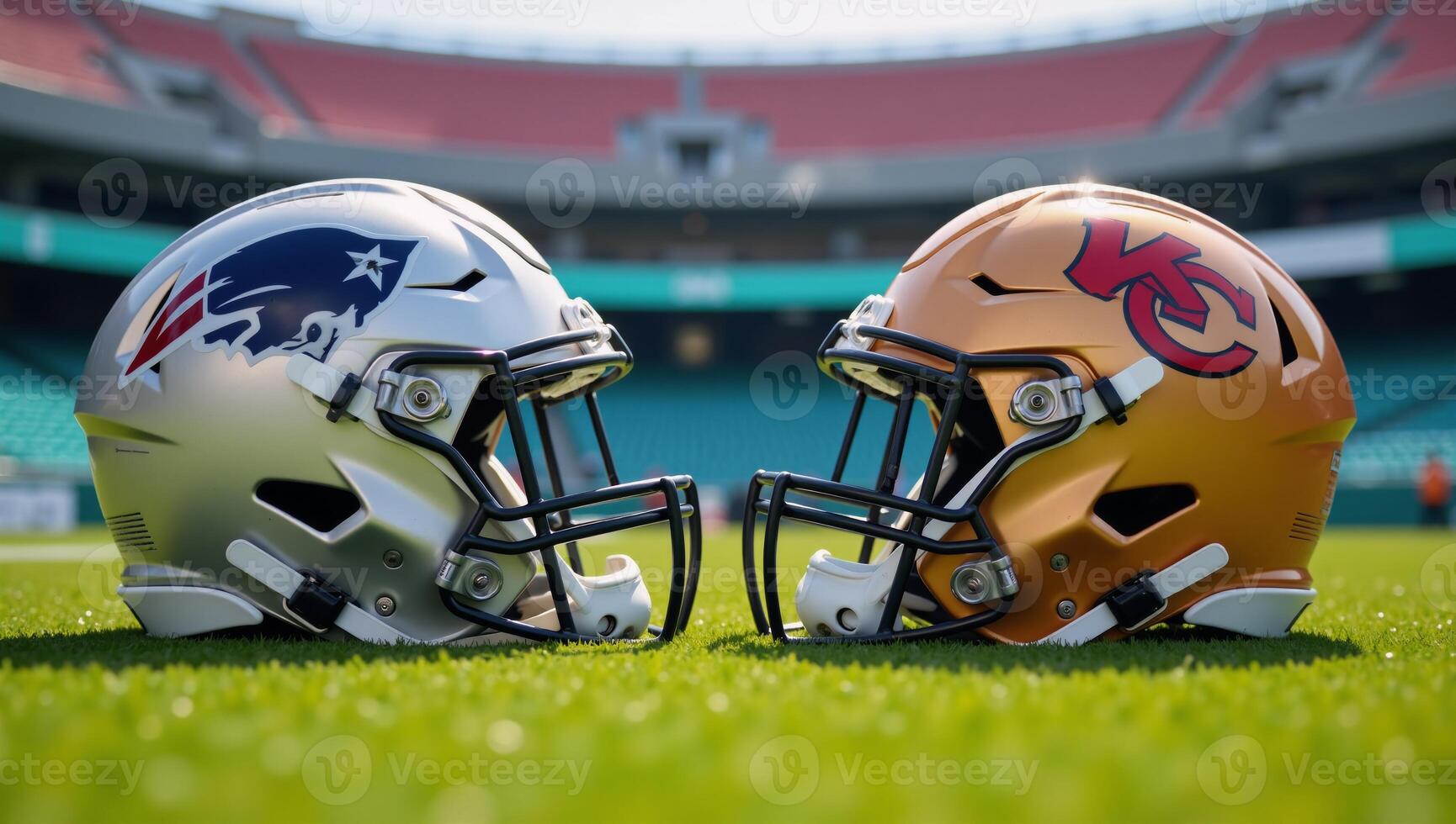 Two American Football Helmets facing off against one another atop a gridiron within a Stadium setting photo