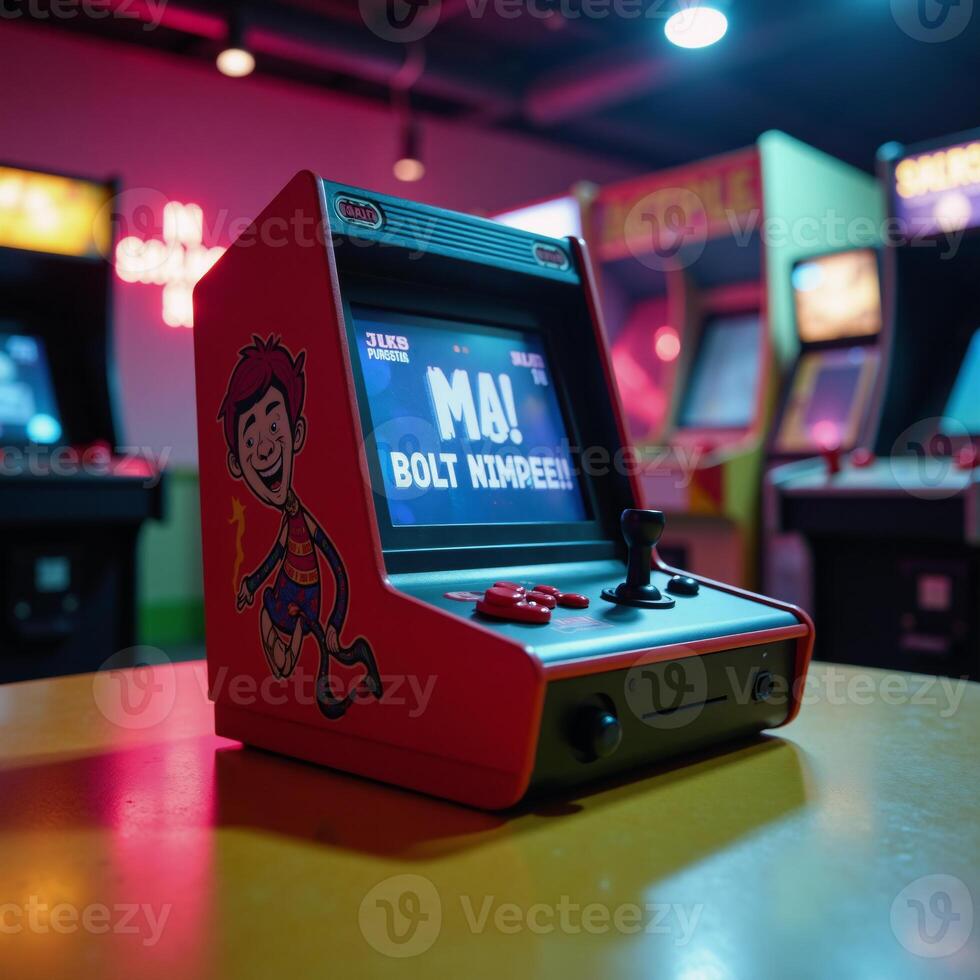Cartoony depiction of a vibrant retro gaming console with exaggerated elements amidst arcade machines and neon lighting photo