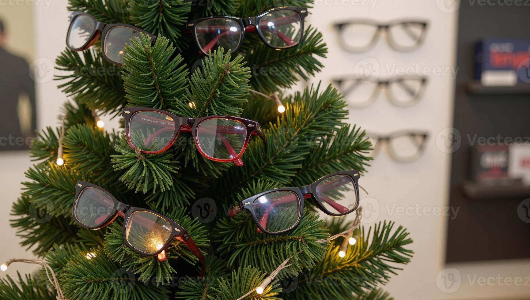 A unique Christmas tree adorned with eyeglasses displayed within an optical shop setting featuring twinkling fairy lights for added holiday cheer photo