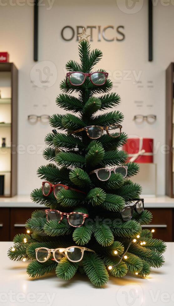A unique Christmas tree adorned with eyeglasses displayed within an optical shop setting featuring twinkling fairy lights for added holiday cheer photo