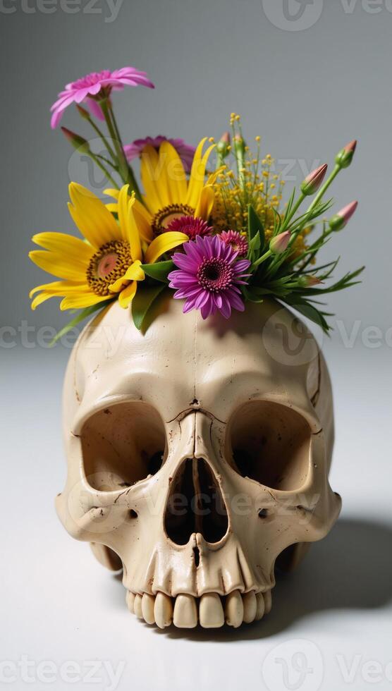 Skull adorned with floral arrangement photo
