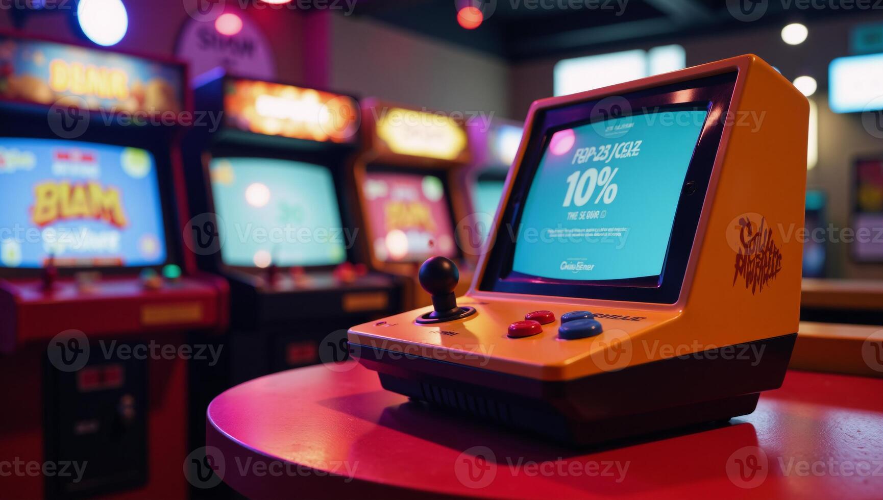Cartoony depiction of a vibrant retro gaming console with exaggerated elements amidst arcade machines and neon lighting photo